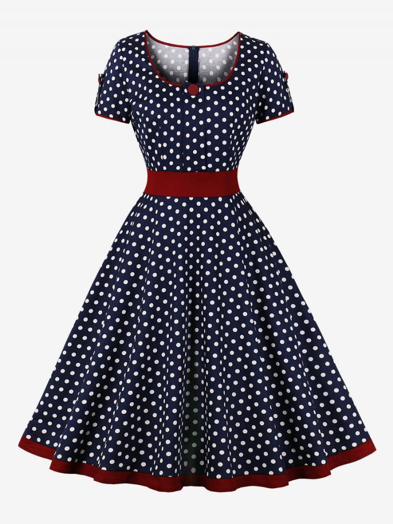 Vintage Kleid 1950er Jahre Audrey Hepburn Stil Dark Navy Polka Dot Damen Rockabilly Mit Kurzen Ärmeln - Dunkles Marineblau