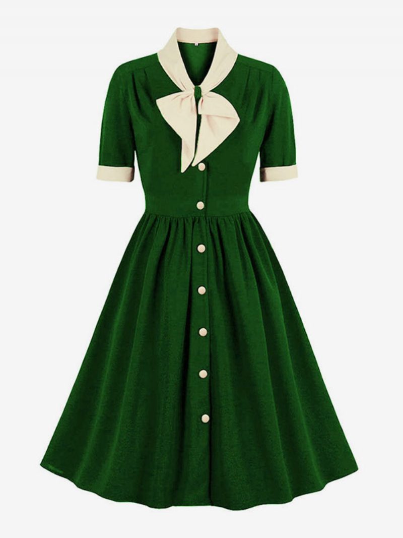 Vintage Kleid 1950er Jahre Audrey Hepburn Stil Grün Zweifarbig Damen Rüschen Kurze Ärmel Rockabilly - Grün