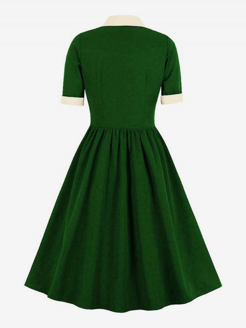 Vintage Kleid 1950er Jahre Audrey Hepburn Stil Grün Zweifarbig Damen Rüschen Kurze Ärmel Rockabilly - Grün