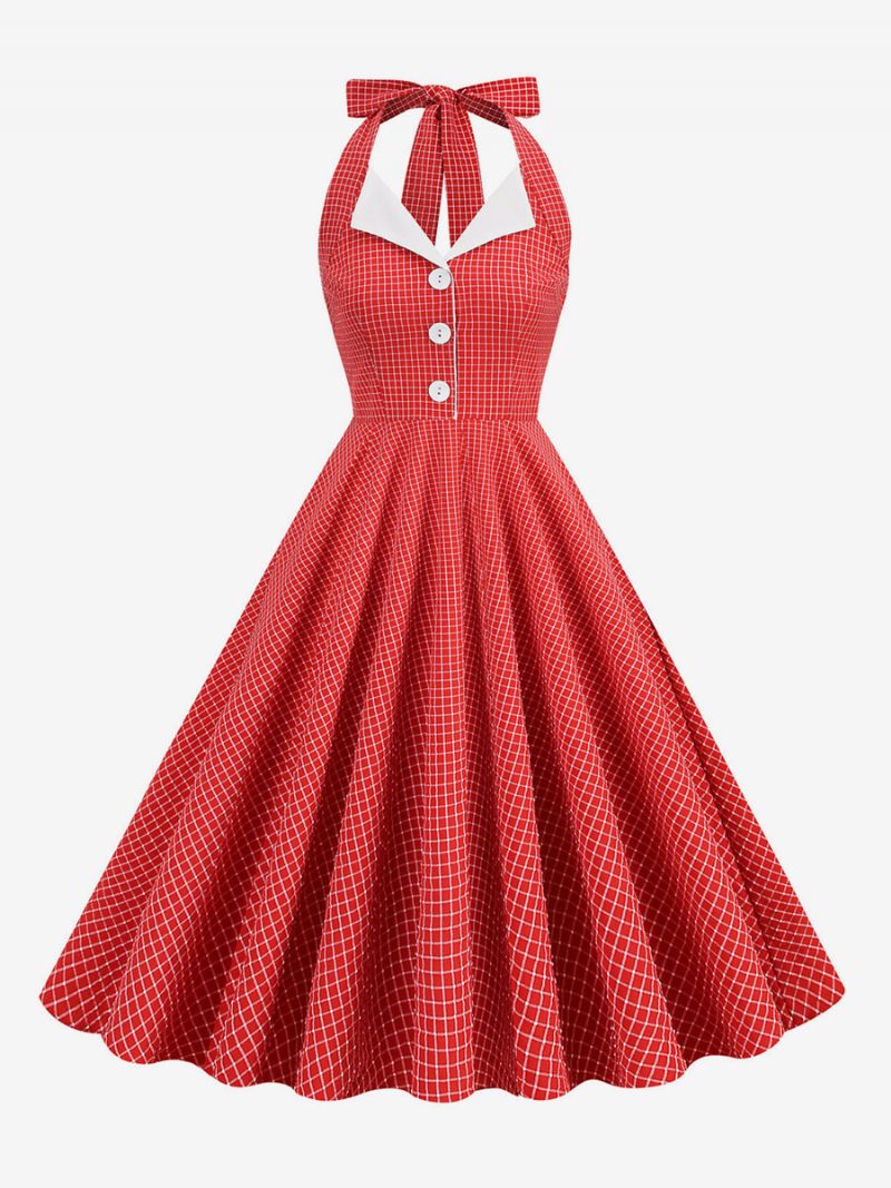 Vintage Kleid 1950er Jahre Audrey Hepburn Stil Neckholder Knöpfe Ärmelloses Damen Medium Kariertes Rockabilly - Rot