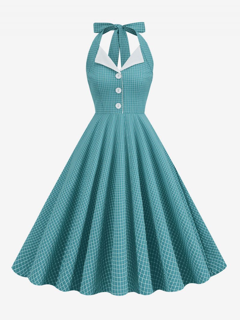 Vintage Kleid 1950er Jahre Audrey Hepburn Stil Neckholder Knöpfe Ärmelloses Damen Medium Kariertes Rockabilly - Cyanblau