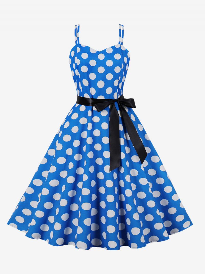 Vintage Kleid 1950er Jahre Audrey Hepburn Stil Rosa Polka Dot Damen Ärmelloses Rockabilly - Blau