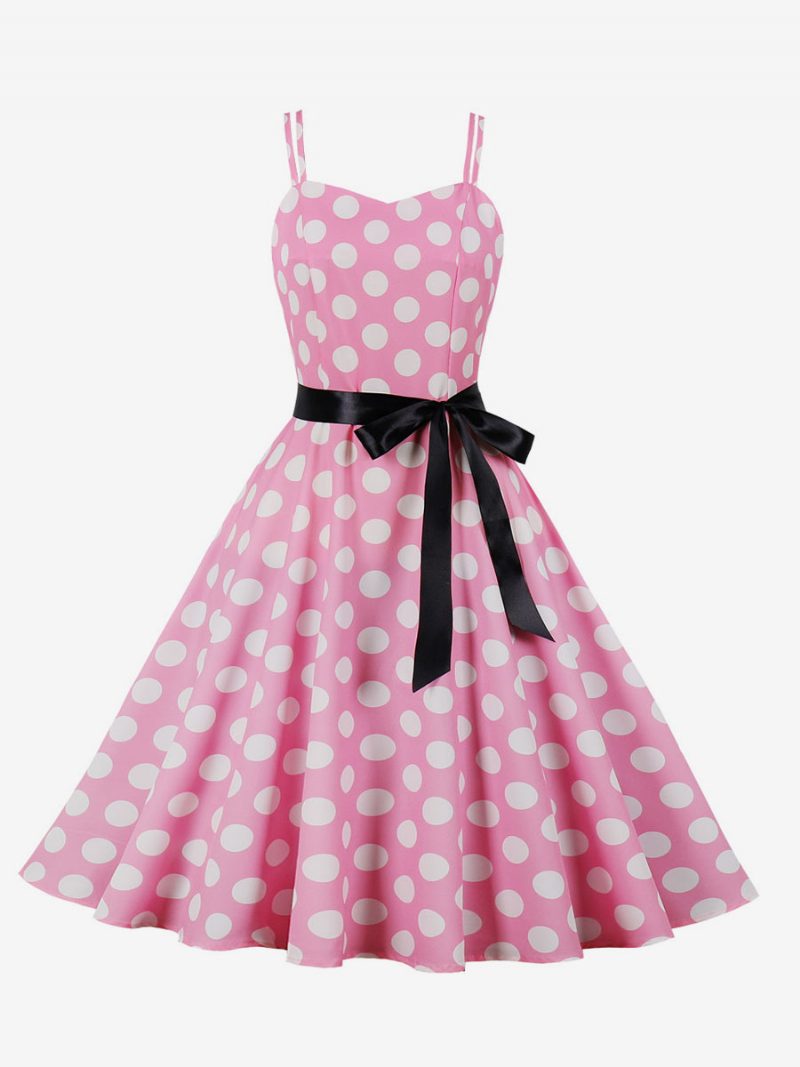 Vintage Kleid 1950er Jahre Audrey Hepburn Stil Rosa Polka Dot Damen Ärmelloses Rockabilly - Rosa