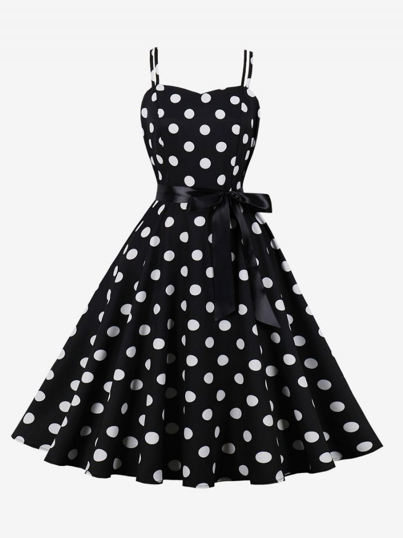 Vintage Kleid 1950er Jahre Audrey Hepburn Stil Rosa Polka Dot Damen Ärmelloses Rockabilly - Schwarz