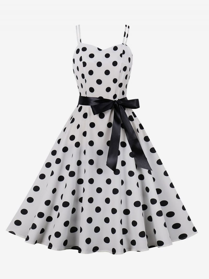 Vintage Kleid 1950er Jahre Audrey Hepburn Stil Rosa Polka Dot Damen Ärmelloses Rockabilly - Weiß