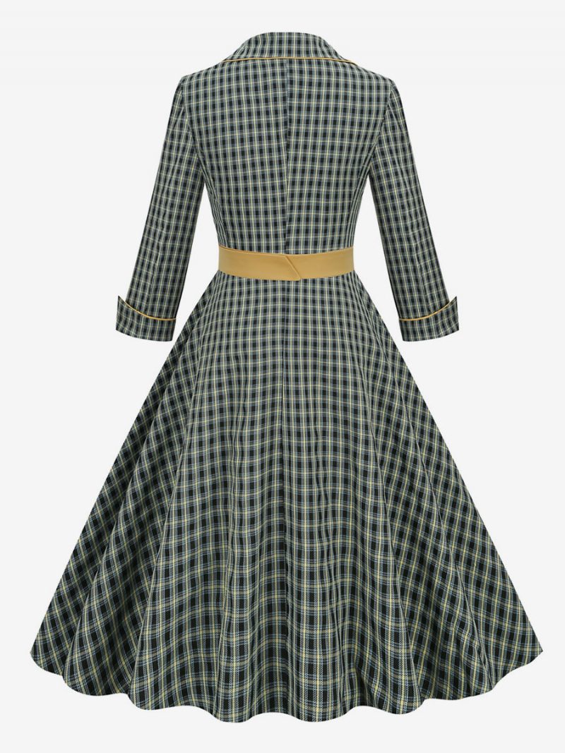 Vintage Kleid 1950er Jahre Audrey Hepburn Stil Turndown Kragen Lange Ärmel Damen Medium Kariertes Rockabilly - Jägergrün