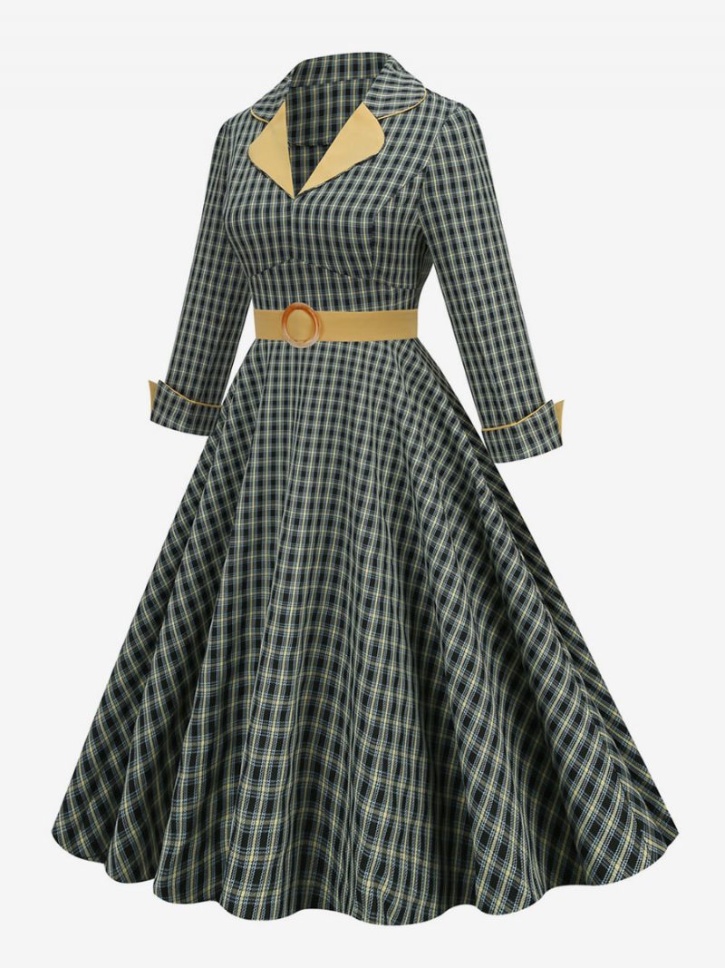 Vintage Kleid 1950er Jahre Audrey Hepburn Stil Turndown Kragen Lange Ärmel Damen Medium Kariertes Rockabilly - Jägergrün