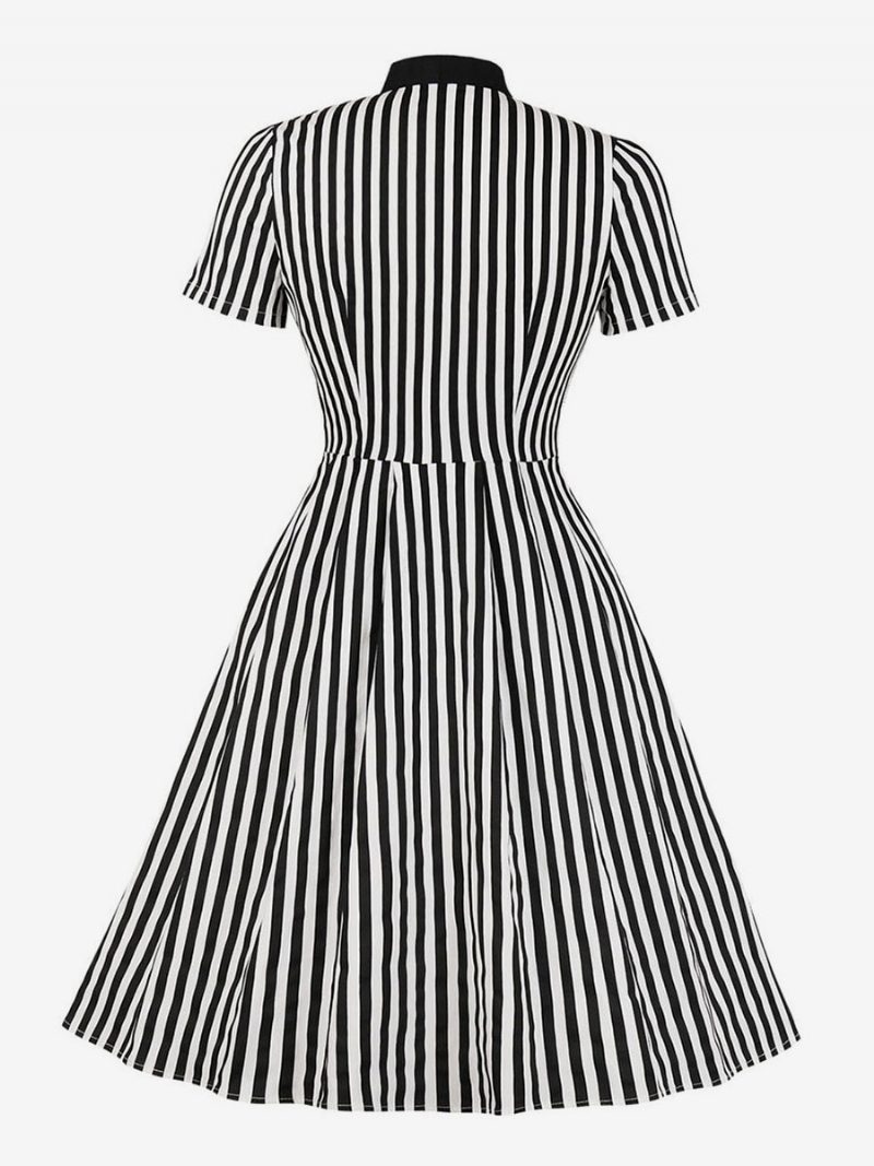 Vintage Kleid 1950er Jahre Streifen Fliege Kurzärmeliges Damen Swing Retro - Schwarz