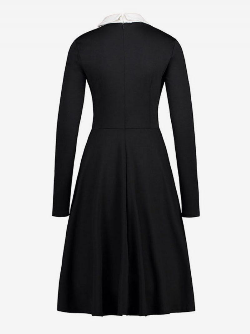 Vintage-kleid Für Damen 1950er-jahre Audrey-hepburn-stil Umlegekragen Lange Ärmel Rockabilly-kleid - Schwarz