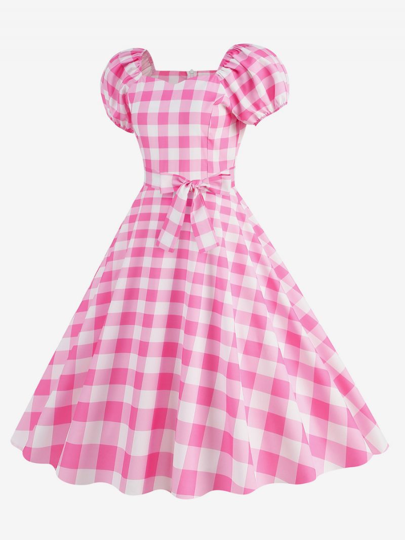 Vintage-kleid Für Damen Herzförmiger Ausschnitt Puffärmel Gepunktet Lässig Lange Kleider - Rosa