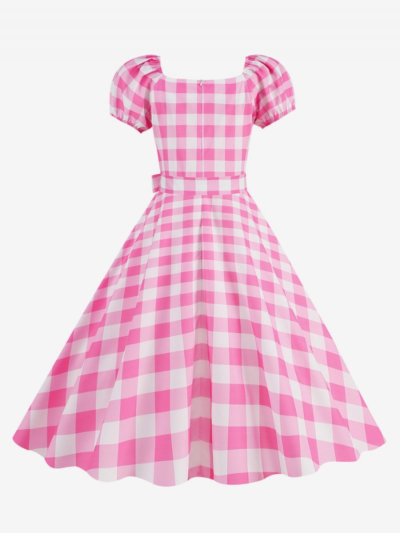 Vintage-kleid Für Damen Herzförmiger Ausschnitt Puffärmel Gepunktet Lässig Lange Kleider - Rosa