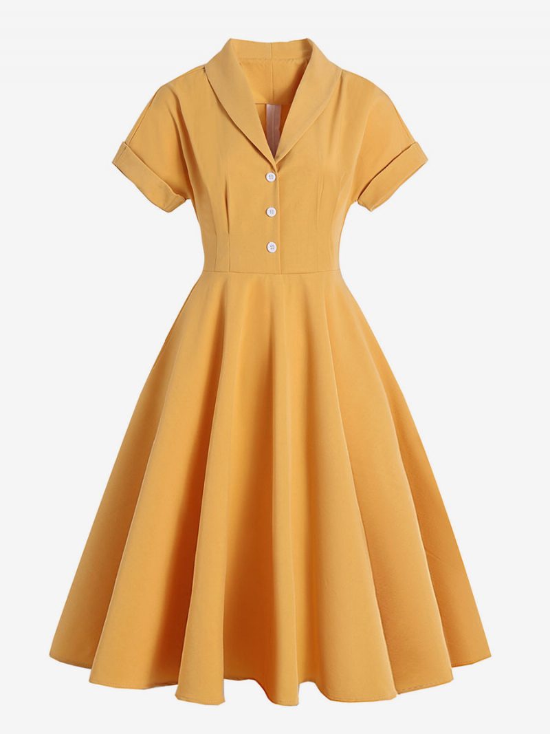 Vintage-kleid Für Damen Umlegekragen Knöpfe 1950er-jahre Audrey-hepburn-stil Kurze Ärmel Mittelgelbes Rockabilly-kleid - Gelb