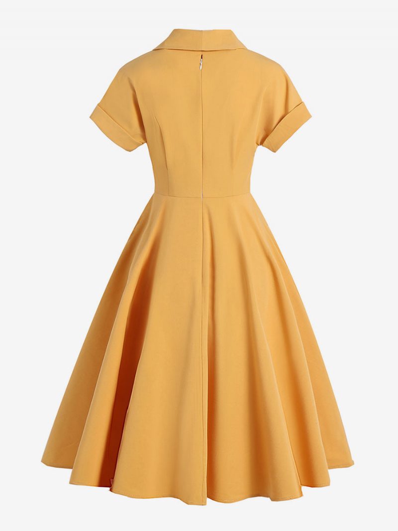 Vintage-kleid Für Damen Umlegekragen Knöpfe 1950er-jahre Audrey-hepburn-stil Kurze Ärmel Mittelgelbes Rockabilly-kleid - Gelb