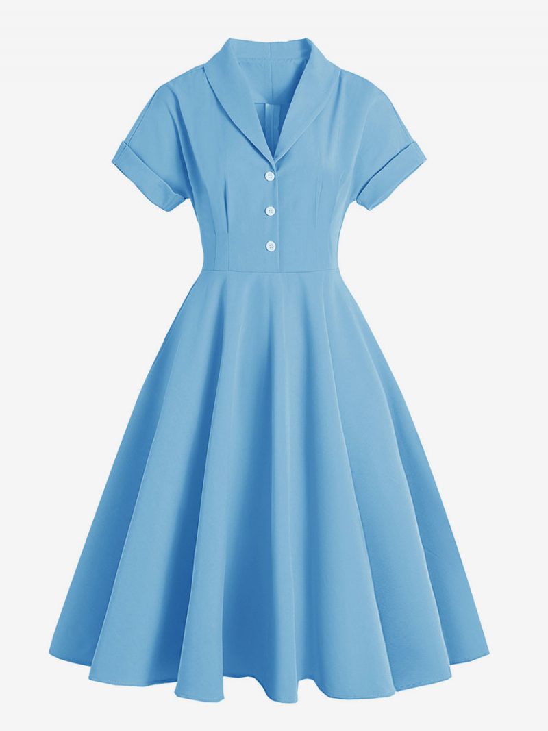 Vintage-kleid Für Damen Umlegekragen Knöpfe 1950er-jahre Audrey-hepburn-stil Kurze Ärmel Mittelgelbes Rockabilly-kleid - Helles Himmelblau