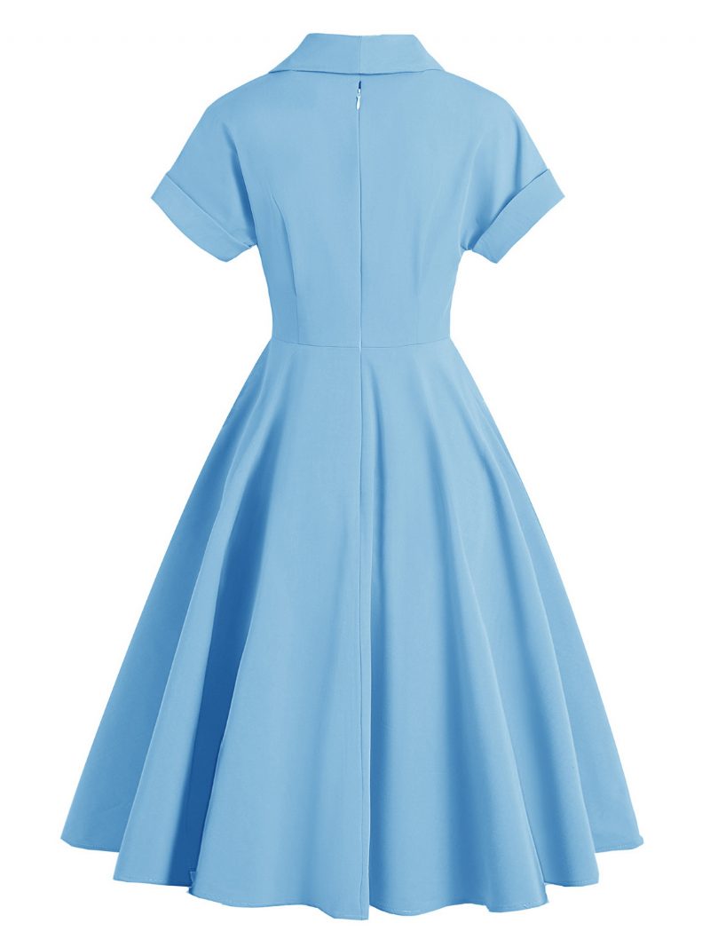 Vintage-kleid Für Damen Umlegekragen Knöpfe 1950er-jahre Audrey-hepburn-stil Kurze Ärmel Mittelgelbes Rockabilly-kleid - Helles Himmelblau