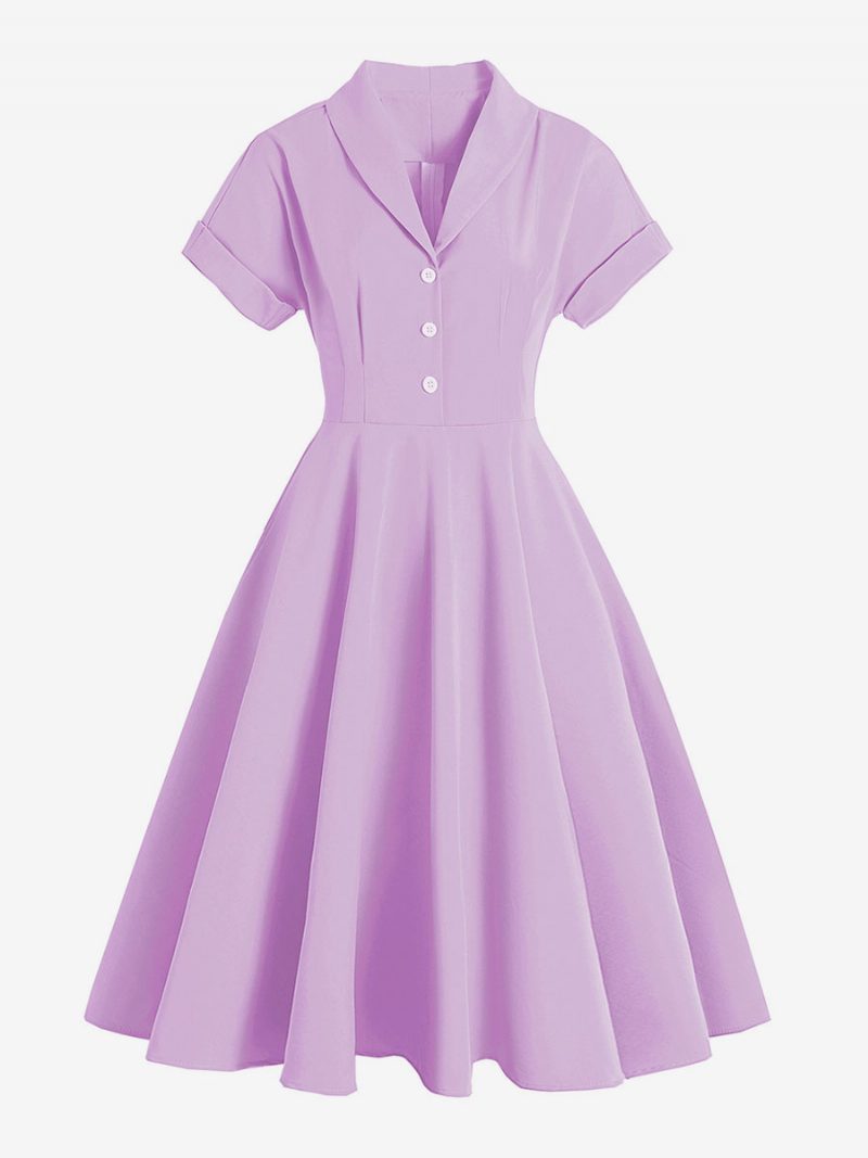 Vintage-kleid Für Damen Umlegekragen Knöpfe 1950er-jahre Audrey-hepburn-stil Kurze Ärmel Mittelgelbes Rockabilly-kleid - Fuchsia Pink