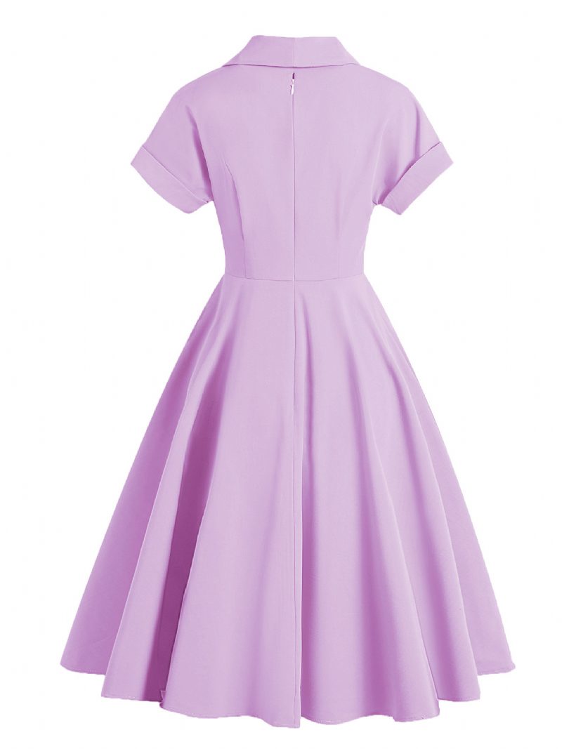 Vintage-kleid Für Damen Umlegekragen Knöpfe 1950er-jahre Audrey-hepburn-stil Kurze Ärmel Mittelgelbes Rockabilly-kleid - Fuchsia Pink