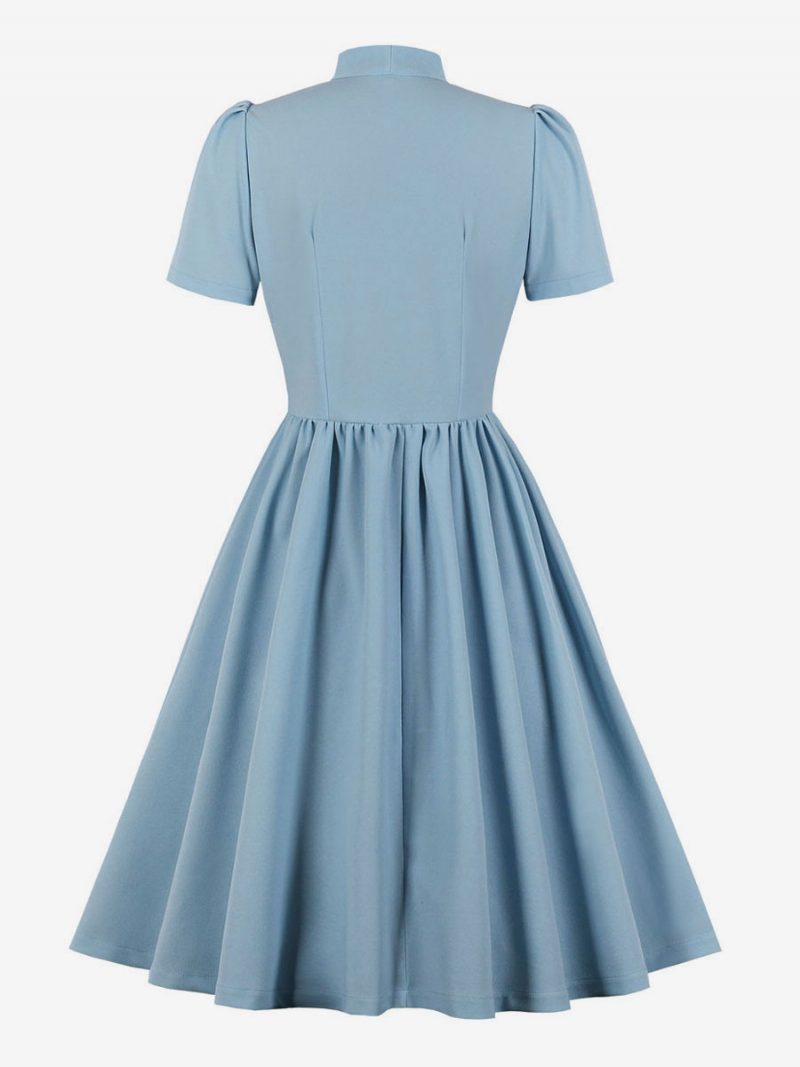 Vintage-kleid Im Audrey-hepburn-stil Für Damen 1950er-jahre-stil Mit Ausschnitt Schleifen Kurzen Ärmeln Mittleres Swing-kleid - Baby Blau