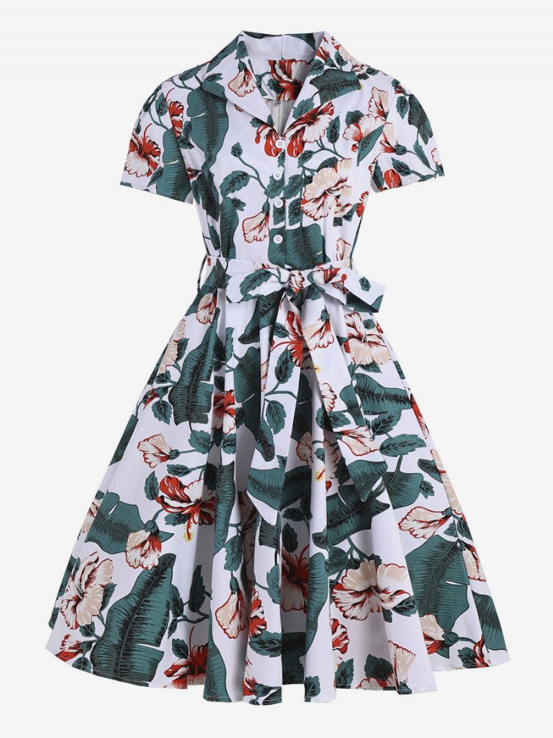 Vintage-kleid Im Audrey-hepburn-stil Für Damen 1950er-jahre-stil V-ausschnitt Kurze Ärmel Knielanges Rockabilly-kleid Mit Blumenmuster - Pastellgrün