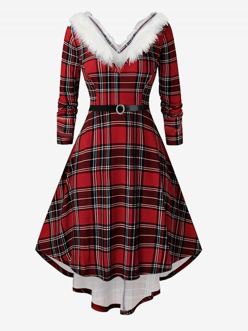 Vintage-schottland-kleid Für Damen V-ausschnitt Federbesatz Gürtel High-low-kleider