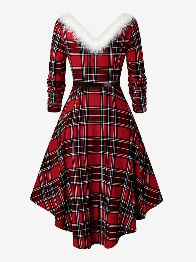 Vintage-schottland-kleid Für Damen V-ausschnitt Federbesatz Gürtel High-low-kleider - Rot