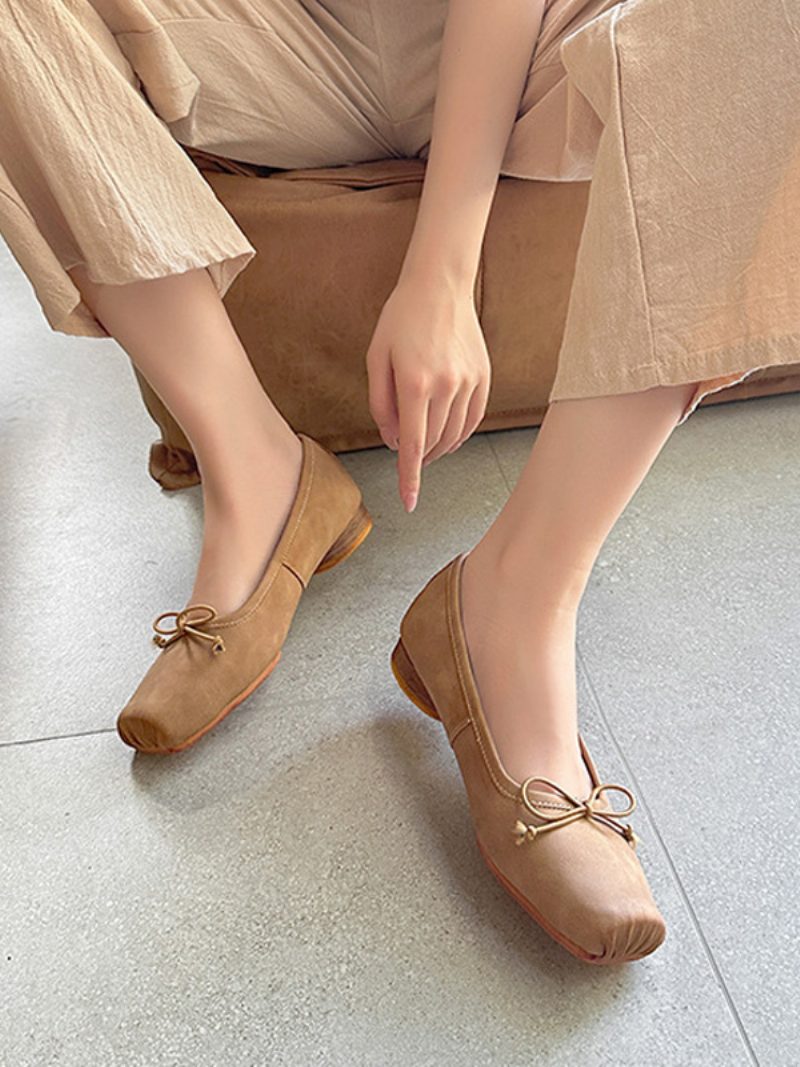 Ballerinas Für Damen Mit Schleifen Quadratischer Zehenpartie Flache Schuhe - Khaki