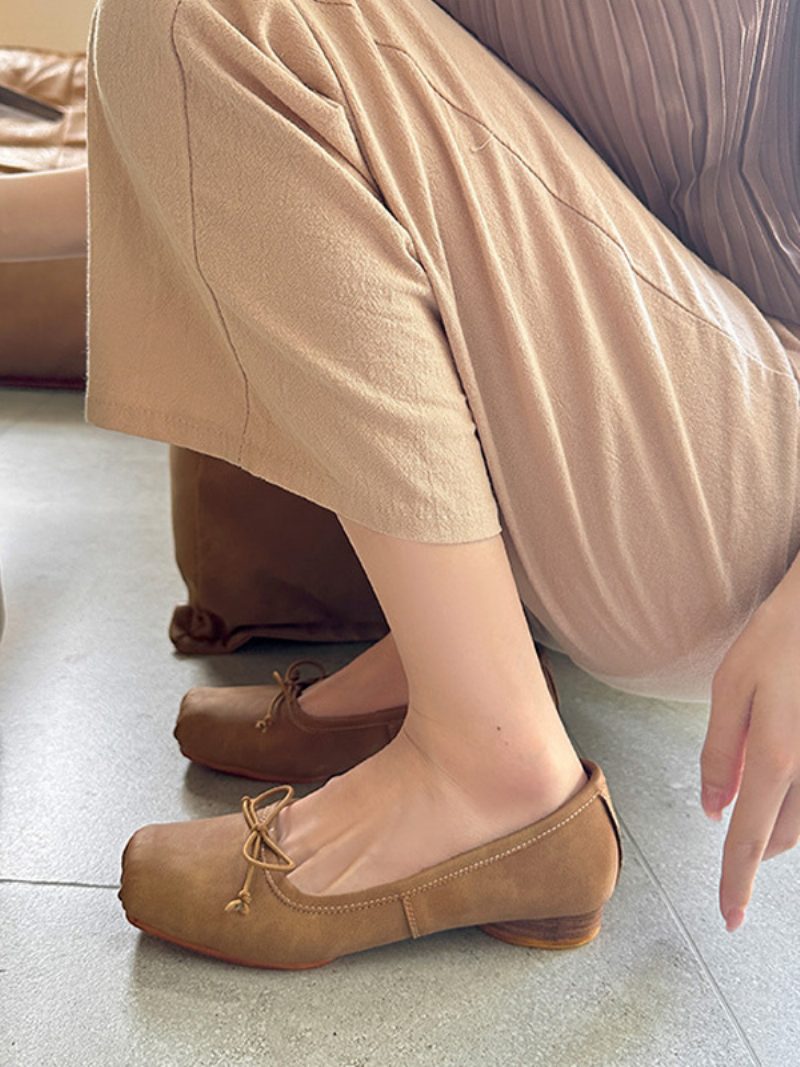 Ballerinas Für Damen Mit Schleifen Quadratischer Zehenpartie Flache Schuhe - Khaki