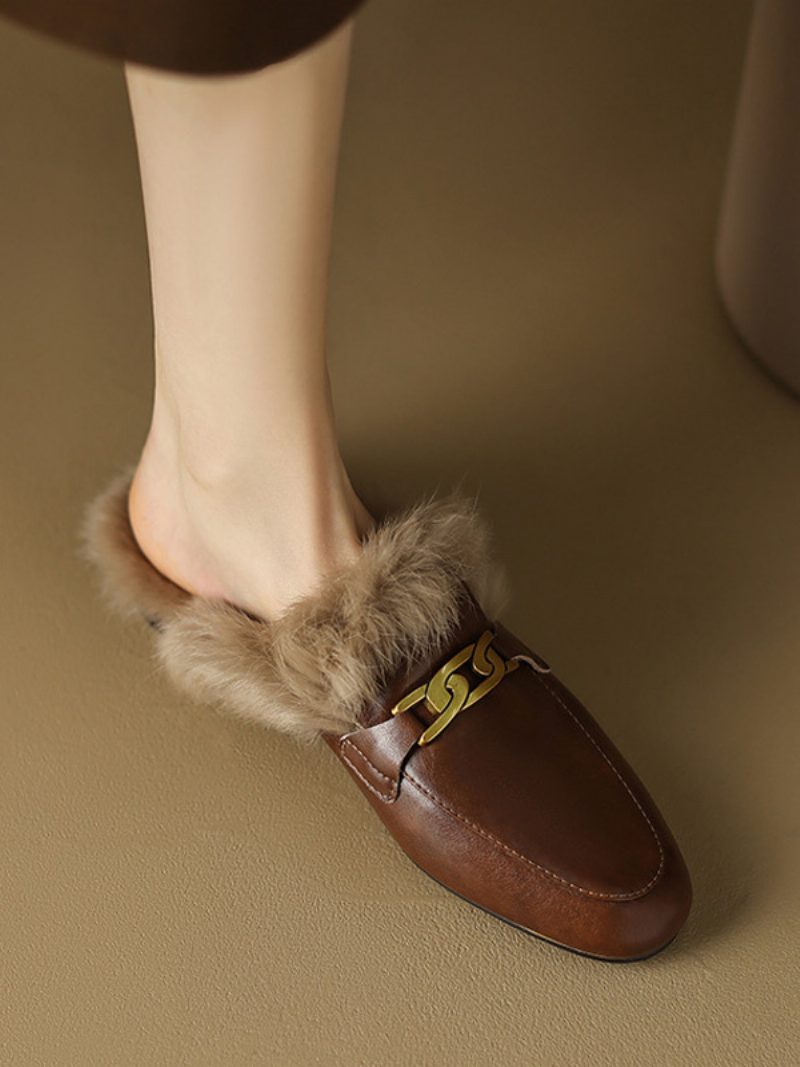 Braune Damen-mule-loafer Mit Runder Zehenpartie Und Winterschuhen - Kaffeebraun