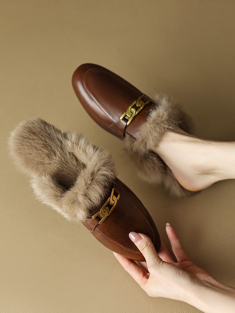 Braune Damen-mule-loafer Mit Runder Zehenpartie Und Winterschuhen - Kaffeebraun