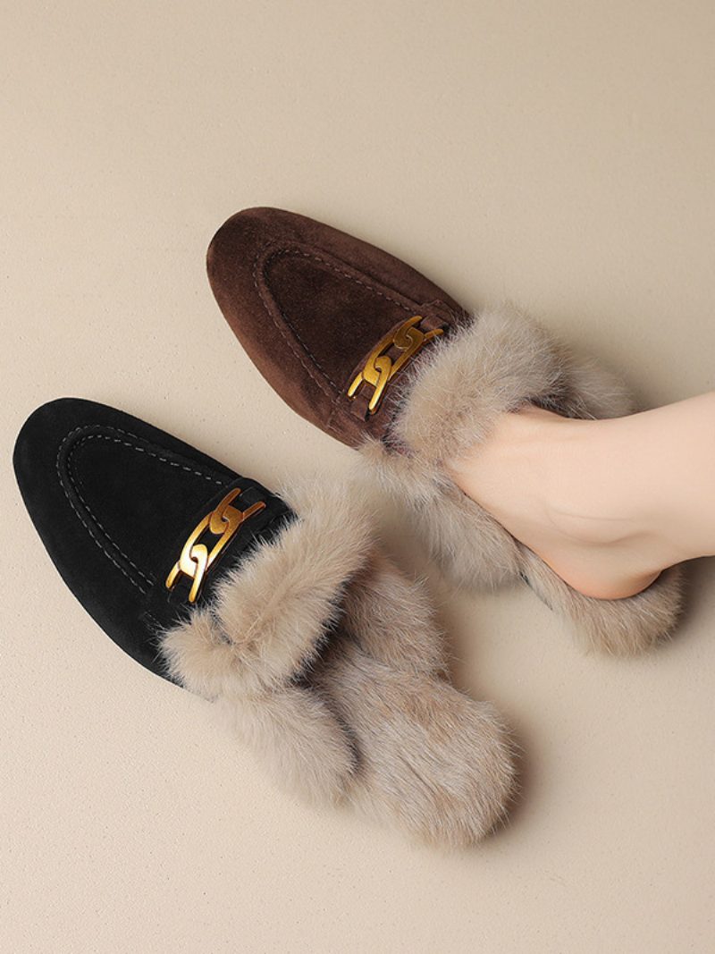 Braune Damen-mule-loafer Mit Runder Zehenpartie Und Winterschuhen - Schwarz