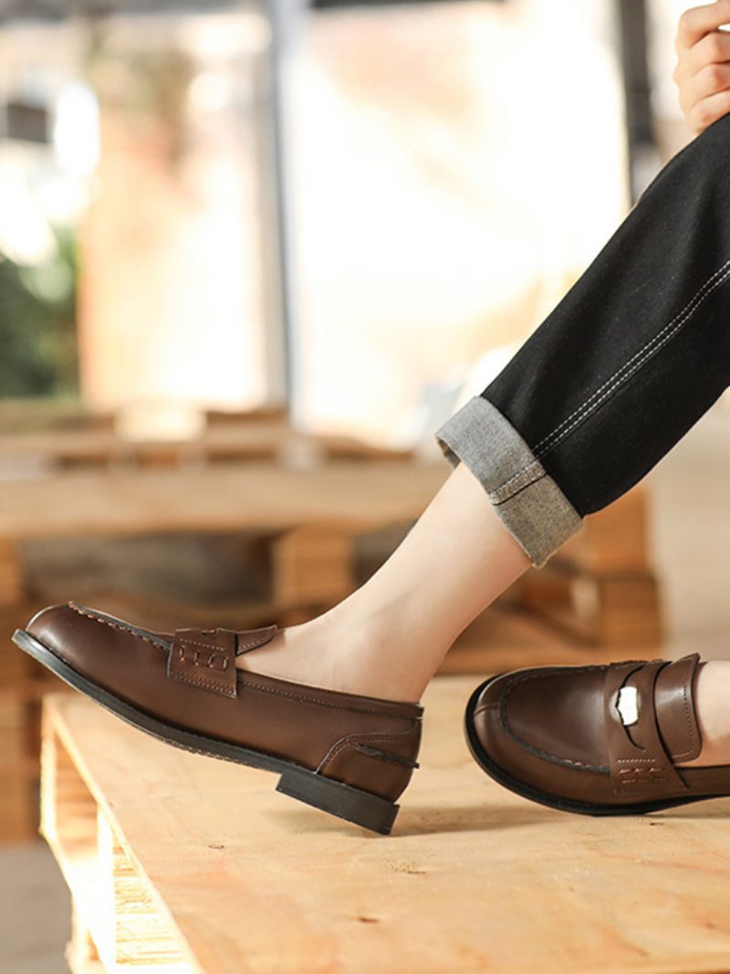 Braune Slip-on-loafer Für Damen Mit Runder Zehenpartie Und Penny-loafer - Kaffeebraun