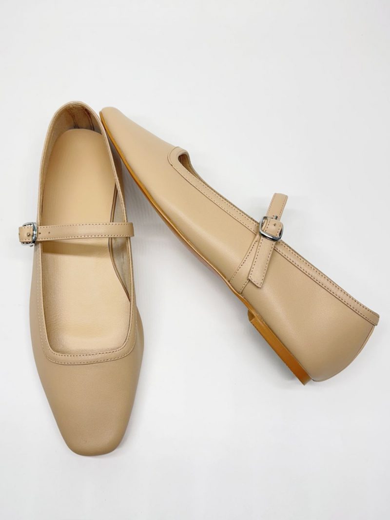 Burgunderrote Ballerinas Für Damen Mit Quadratischer Zehenpartie Und Schnallendetail Im Vintage-stil - Hellhellgelb