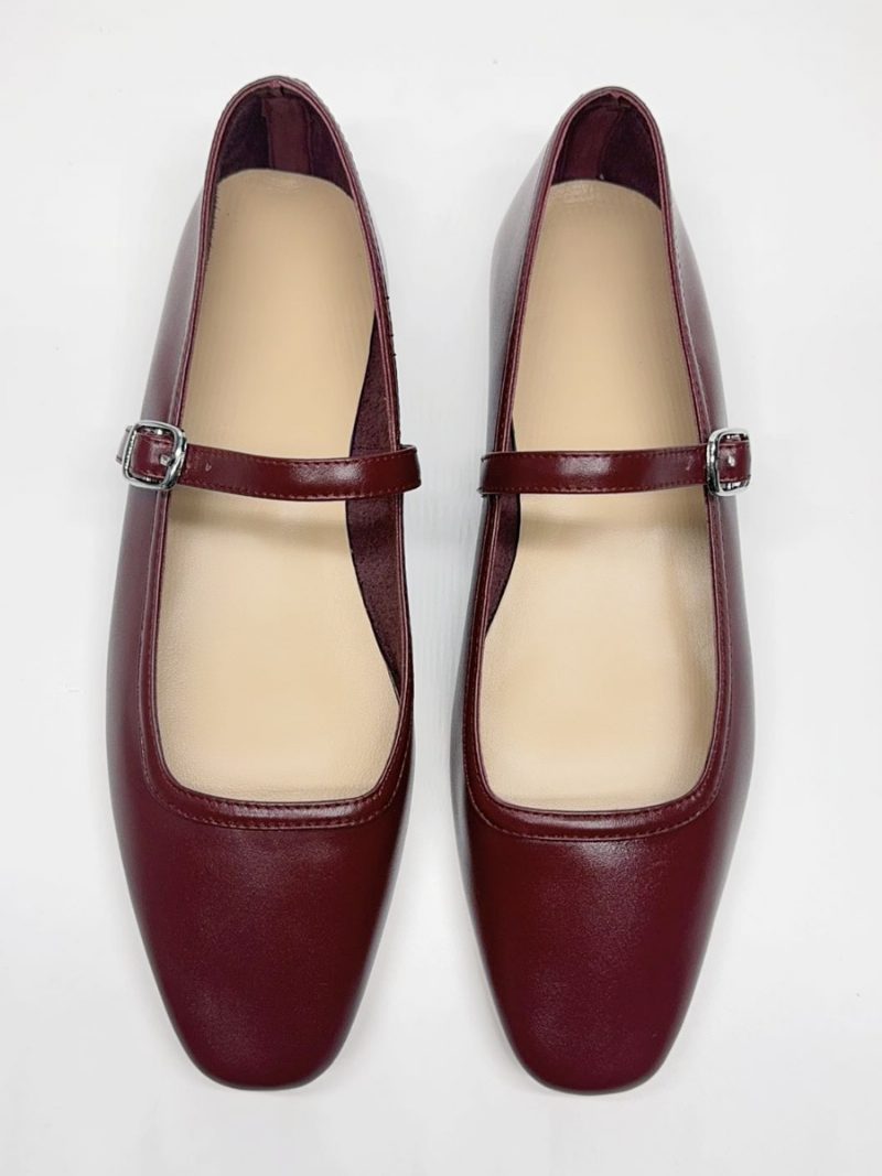 Burgunderrote Ballerinas Für Damen Mit Quadratischer Zehenpartie Und Schnallendetail Im Vintage-stil - Burgund