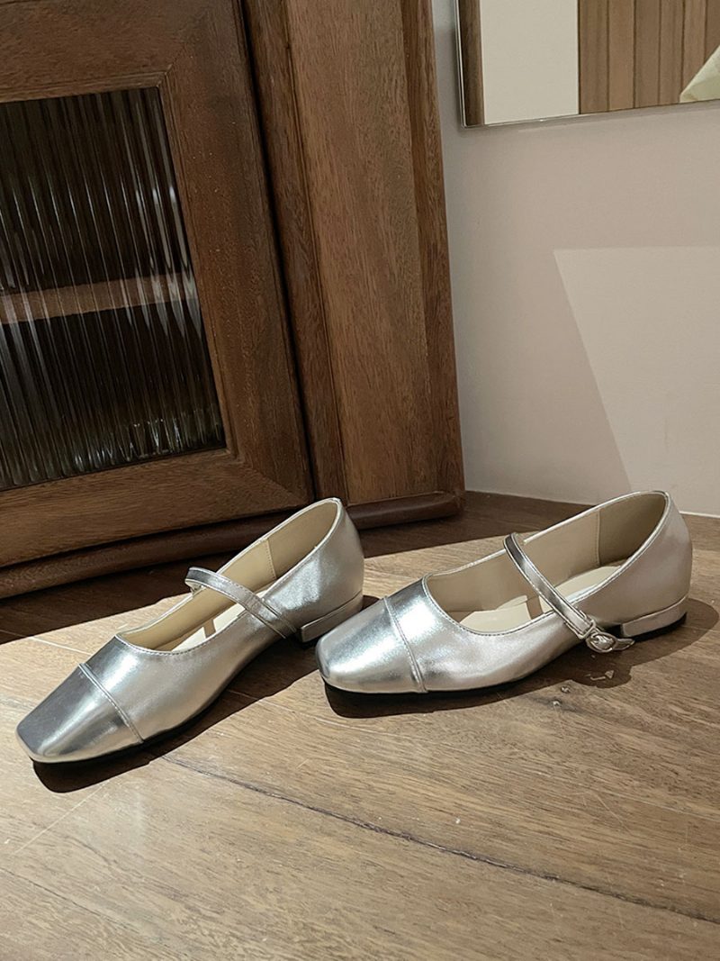 Damen-ballerinas Aus Pu-leder Mit Quadratischer Zehenpartie - Silber