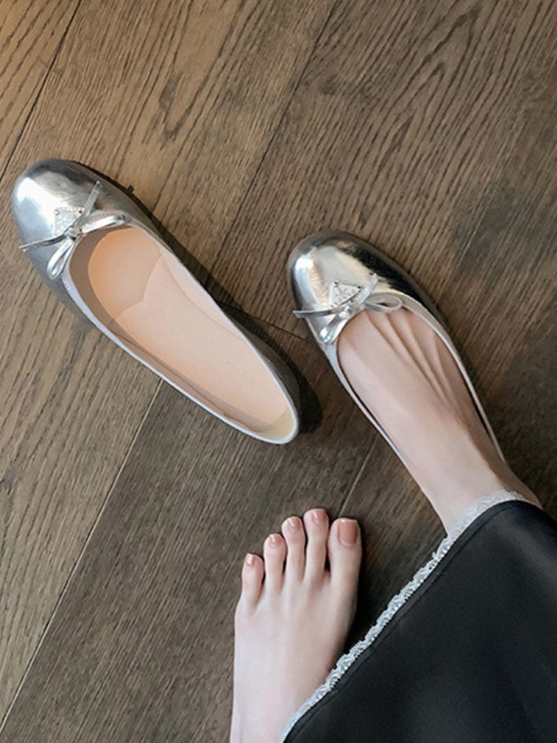 Damen-ballerinas Aus Pu-leder Mit Runder Zehenpartie - Silber