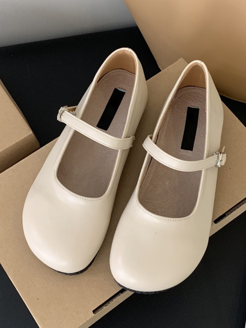 Damen-ballerinas Mit Runder Zehenpartie Und Schnallendetails Flache Schuhe - Beige