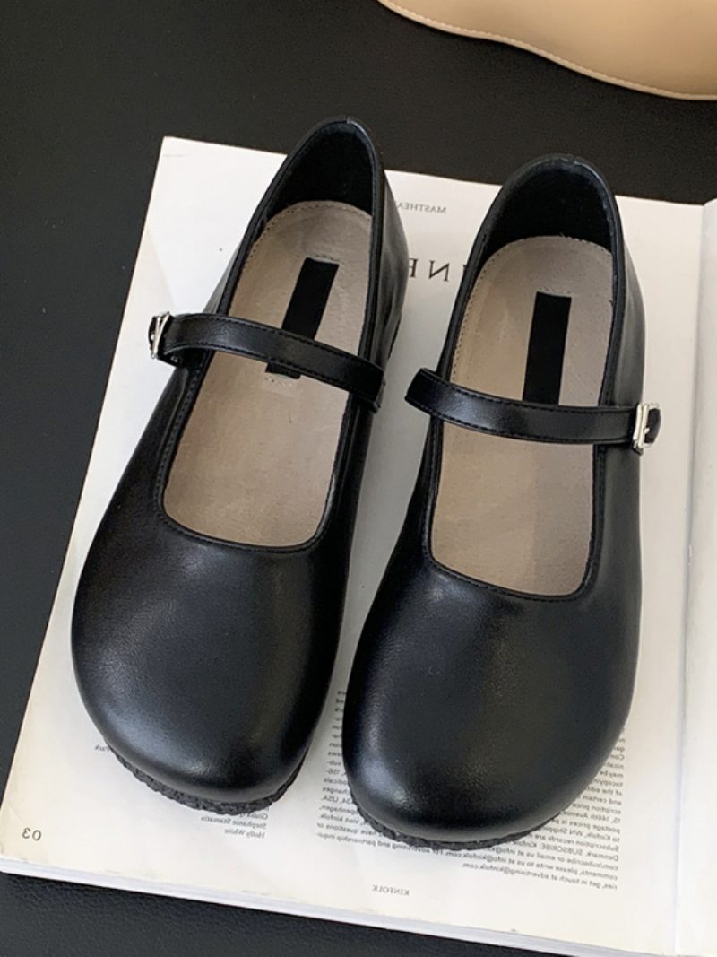 Damen-ballerinas Mit Runder Zehenpartie Und Schnallendetails Flache Schuhe - Schwarz