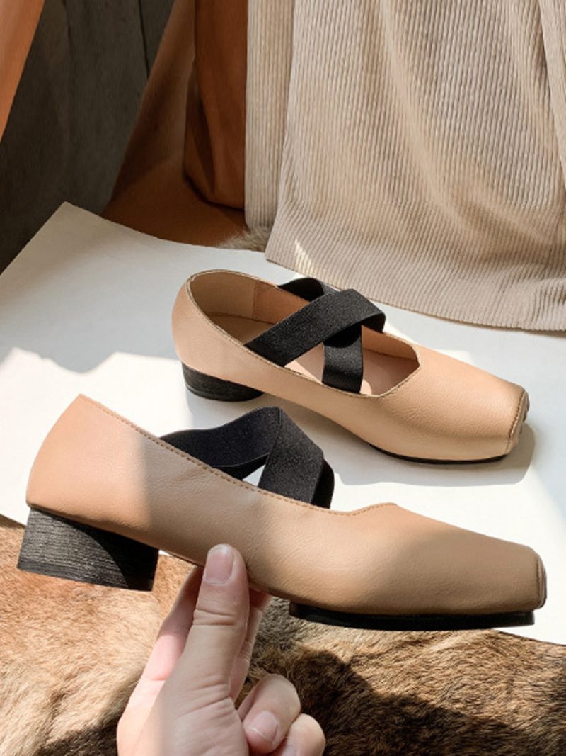 Damen-ballerinas Quadratische Zehenpartie Rindsleder Überkreuzte Ballrina-flachschuhe - Khaki