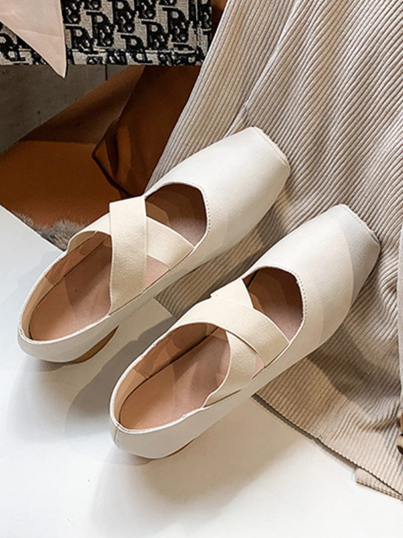 Damen-ballerinas Quadratische Zehenpartie Rindsleder Überkreuzte Ballrina-flachschuhe - Beige