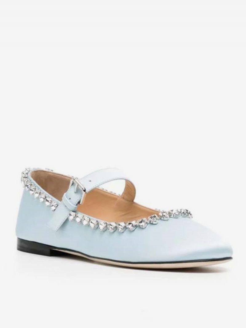 Damen-ballerinas Satin Strasssteine Runde Zehenpartie Flache Mary-jane-schuhe - Babyblau