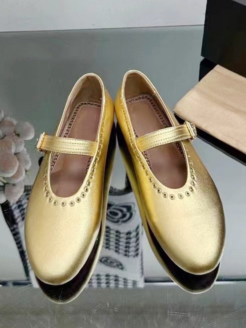 Damen-ballerinas Silberfarbene Mary-jane-flats Mit Runder Zehenpartie - Gold