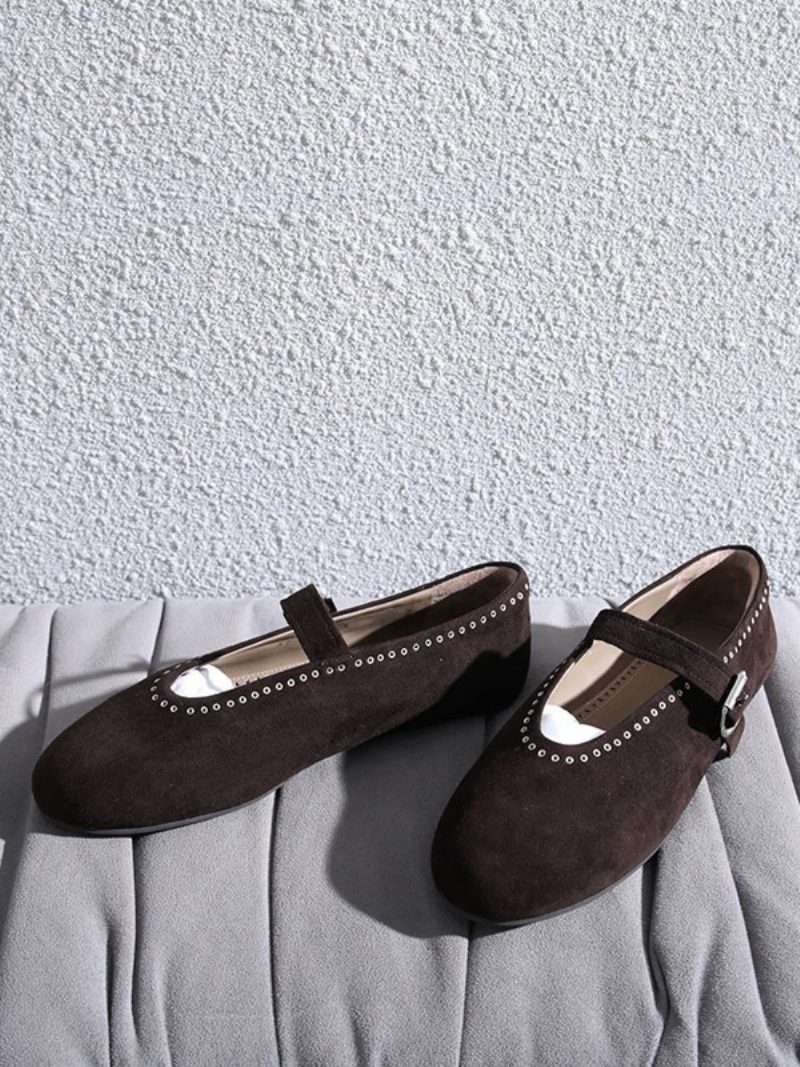 Damen-ballerinas Silberfarbene Mary-jane-flats Mit Runder Zehenpartie - Tiefbraun