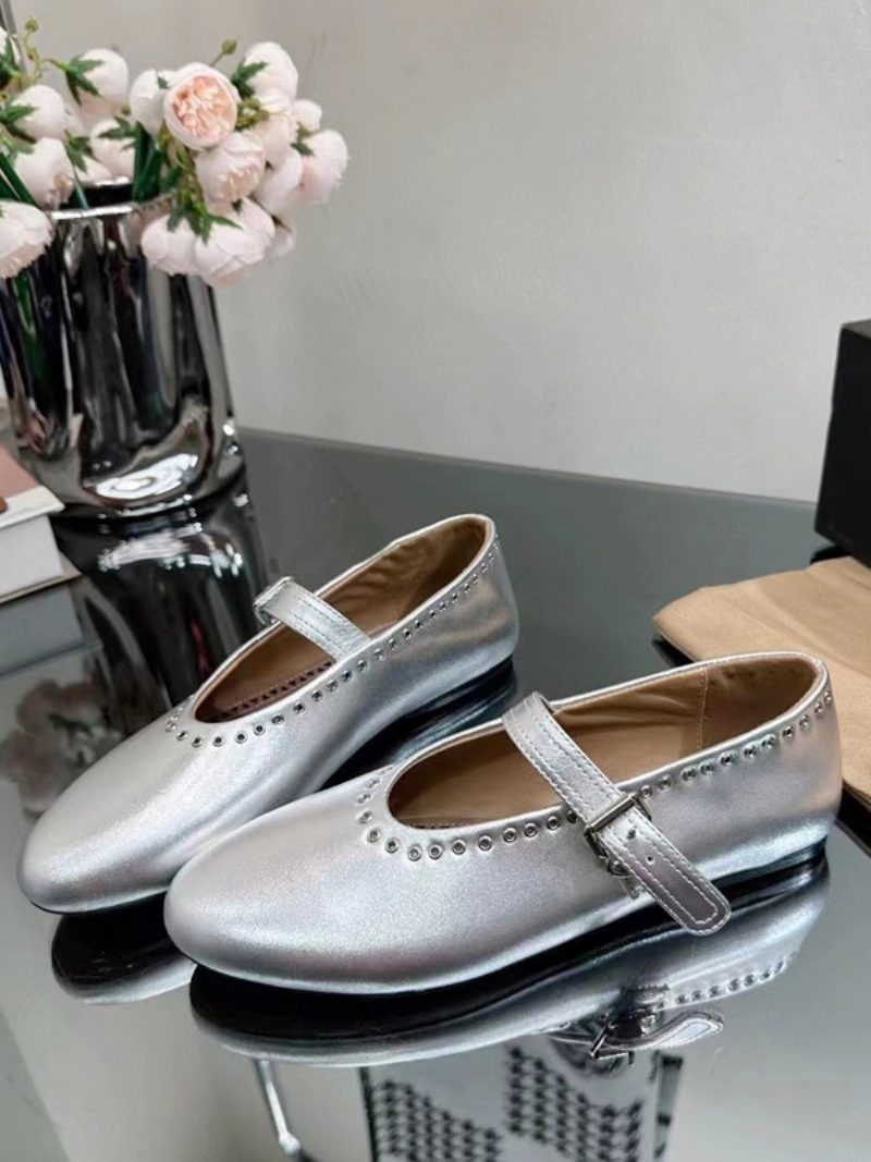 Damen-ballerinas Silberfarbene Mary-jane-flats Mit Runder Zehenpartie - Silber