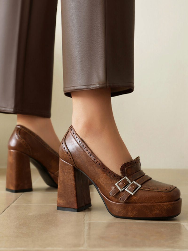 Damen-loafer Mit Schnalle Und Klobigem Absatz Aus Pu-leder - Kaffeebraun