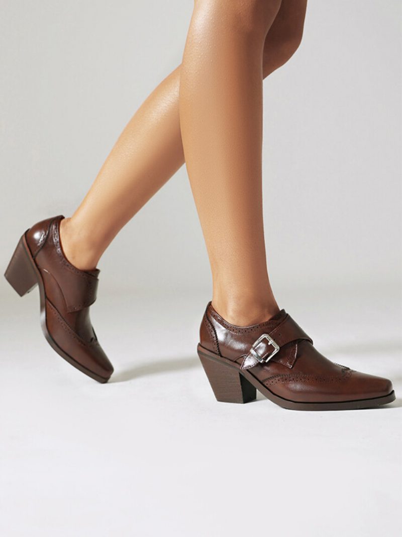 Damen-oxfords Aus Pu-leder Mit Quadratischer Zehenpartie Und Klobigem Absatz - Kaffeebraun