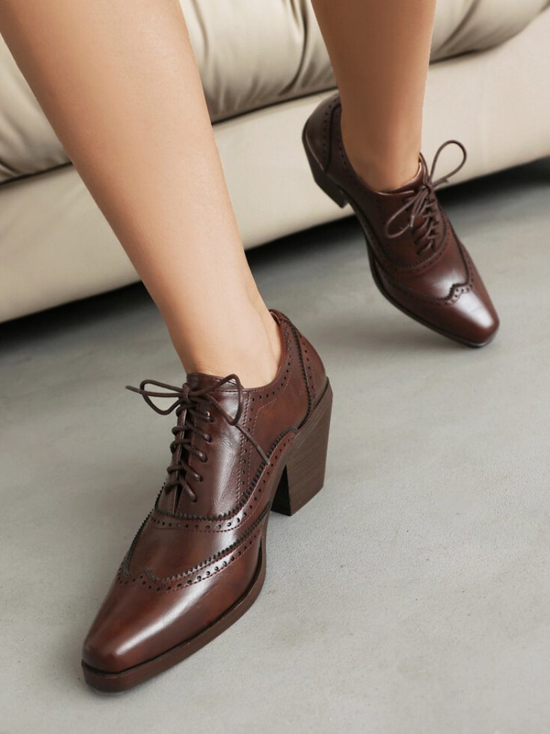 Damen-oxfords Aus Pu-leder Mit Quadratischer Zehenpartie Und Klobigem Absatz - Kaffeebraun