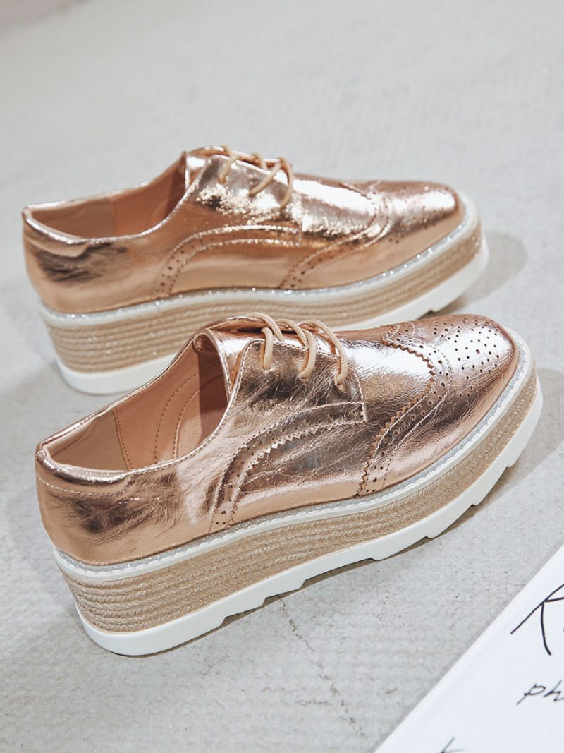 Damen-oxfords Mit Runder Zehenpartie Und Plateausohle Aus Pu-leder - Gold