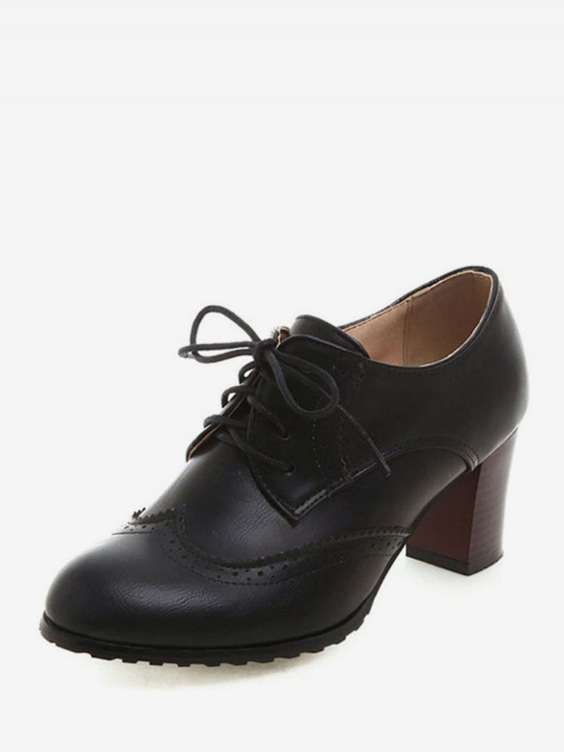 Damen Oxfords Zum Schnüren Mit Flügelspitzen Und Absatz - Schwarz