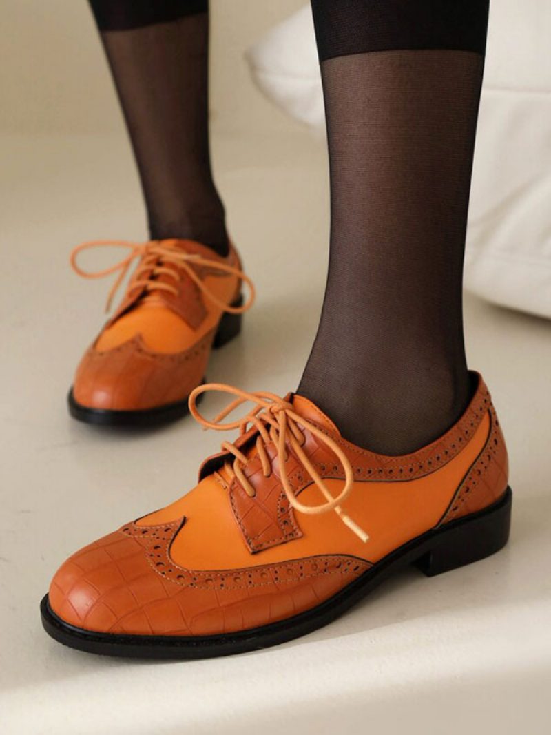 Damen-oxfordschuhe Mit Runder Zehenpartie Und Welpenabsatz Aus Pu-leder - Orange