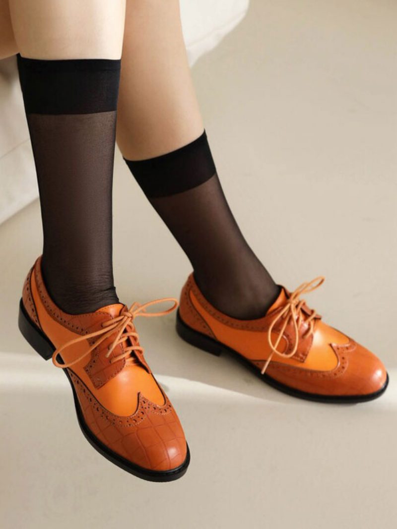 Damen-oxfordschuhe Mit Runder Zehenpartie Und Welpenabsatz Aus Pu-leder - Orange